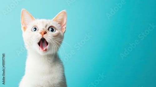 A surprised white kitten with bright blue eyes on a vibrant blue background. AI generated image