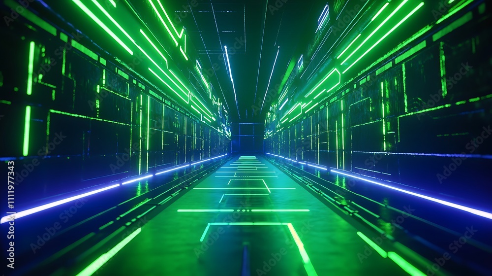 Futuristic corridor with glowing neon lights and high-tech ambiance in a dark environment