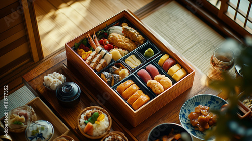 Ganjitsu celebration in Japan, family gathers in a traditional living room with tatami, enjoying a typical osechi ryori meal in a wooden bento box, Ai generated images photo