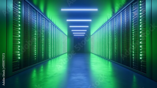 Futuristic Data Center Corridor with Illuminated Server Racks and Neon Green Lights