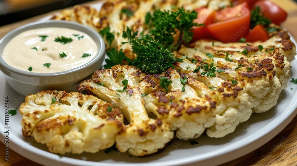 A plate of roasted cauliflower steaks with a side of tahini sauce, arranged artistically, Generative AI A plate of roasted cauliflower steaks with a side of tahini sauce, arranged artistically, Generative AI
