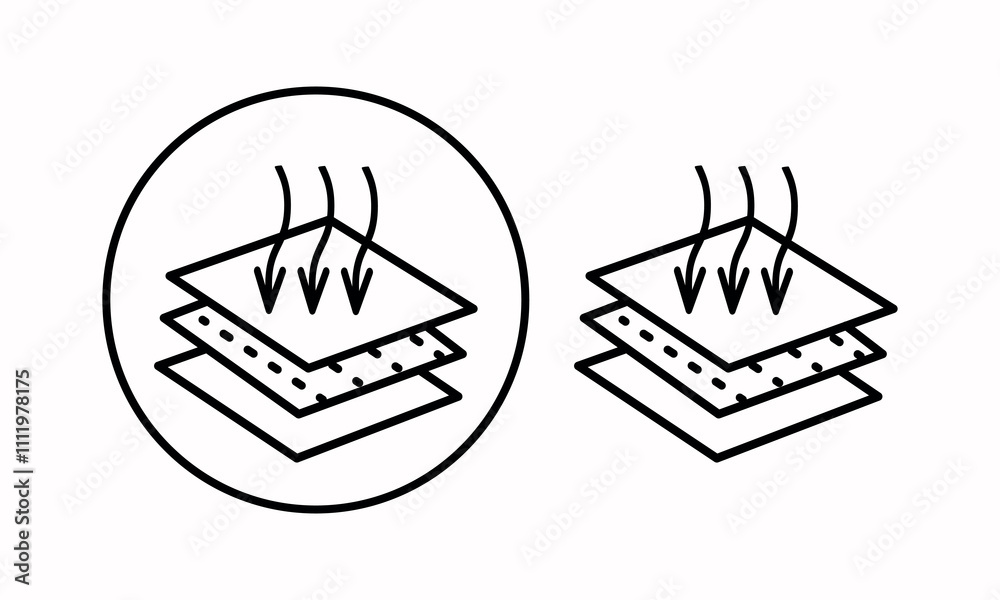 A breathable material icon with a down arrow. The three-arrow icon indicates a breathable material or leather. Contour vector icons. Breathable material. For web design and infographics. A breathable material icon with a down arrow. The three-arrow icon indicates a breathable material or leather. Contour vector icons. Breathable material. For web design and infographics.