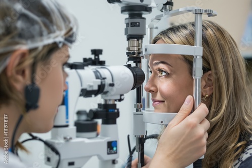 Ophthalmologist Examining Female Patient Eye With A Slit Lamp At Clinic