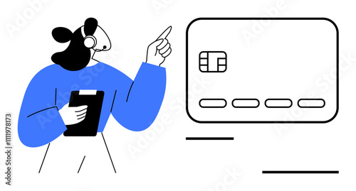 Customer service agent wearing headset holds a clipboard and points at a large credit card. Ideal for customer support, financial services, training materials, communication, banking, online