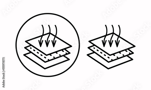A breathable material icon with a down arrow. The three-arrow icon indicates a breathable material or leather. Contour vector icons. Breathable material. For web design and infographics.