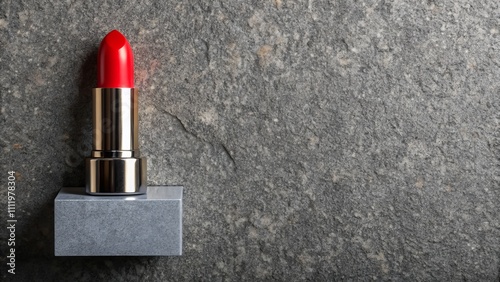 Striking Lipstick Red on Gray Granite Stone: A Bold Visual Contrast Capturing Attention and Elegance in Minimalist Makeup Photography photo