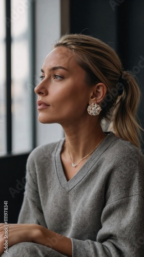 Elegant woman with statement earrings and gray sweater looking thoughtfully indoors