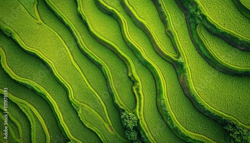 Aerial view of lush green terraced rice fields.