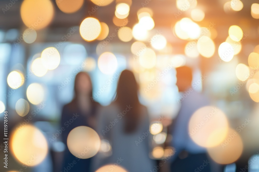 Blurred image of three people socializing in a brightly lit bokeh filled interior. Blurred image of three people socializing in a brightly lit bokeh filled interior.