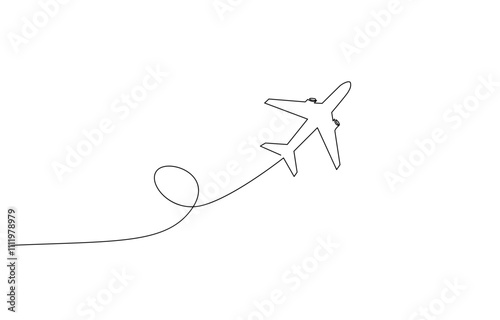 Airplane continious one line art style vector with transparent background, Airplane one line drawing on a white background, Suitcase and airplane drawn with one editable ontinuous single line drawing.