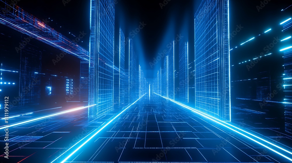 Futuristic Digital Corridor with Neon Lights and Glowing Grids in a High-Tech Environment Futuristic Digital Corridor with Neon Lights and Glowing Grids in a High-Tech Environment