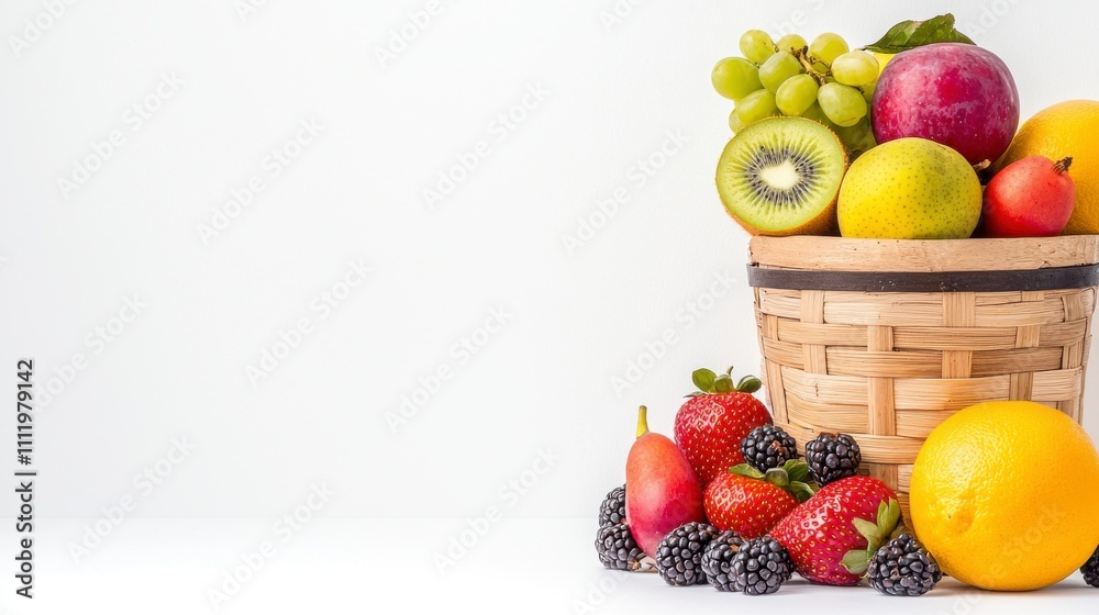 A vibrant basket filled with assorted fresh fruits, including apples, grapes, and berries, set against a clean white background. A vibrant basket filled with assorted fresh fruits, including apples, grapes, and berries, set against a clean white background.