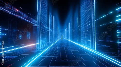 Futuristic Digital Corridor with Neon Lights and Glowing Grids in a High-Tech Environment