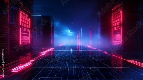 Futuristic Digital Corridor with Neon Lights and Fog in a High-Tech Environment
