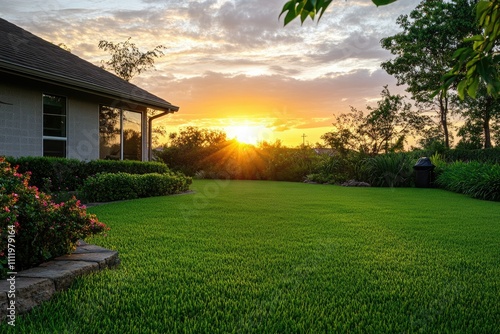 Sunset view from a house backyard with lush green grass and landscaping.