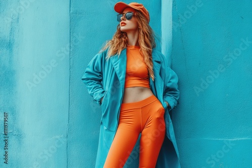 Stylish woman in orange sportswear and teal coat poses against a vibrant blue wall.