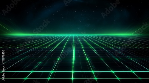 Futuristic Digital Grid with Neon Green Lines and Starry Night Sky in a Sci-Fi Landscape