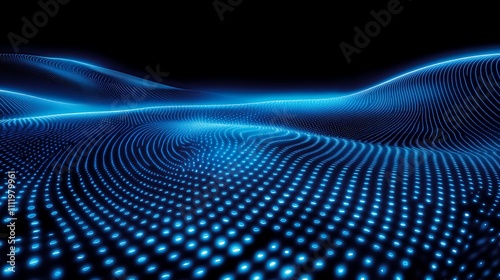 Futuristic Digital Landscape with Bright Blue Wave Patterns and Neon Glow on a Dark Background