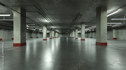 Empty underground parking garage with polished concrete floors and overhead lighting in a modern urban setting