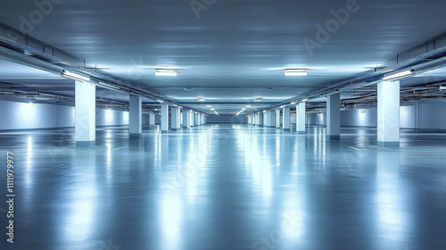 Empty underground parking garage with polished concrete floors and overhead lighting in a modern urban setting