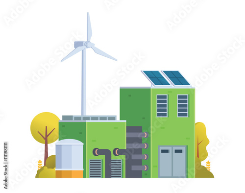 Green sustainable factory building vector illustration, flat style element for city and industry illustration.