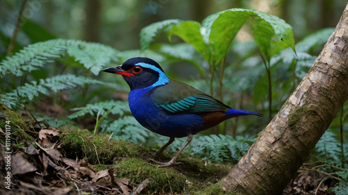 Blue Pitta Hydrornis cyaneus in the forest. photo