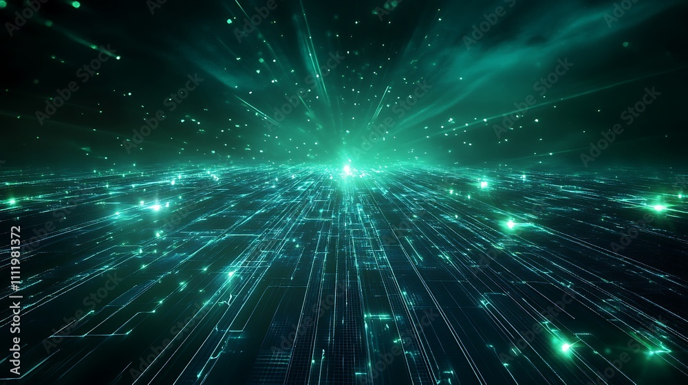 Futuristic Digital Landscape with Glowing Particles and Abstract Lines in Green and Blue Color Scheme Futuristic Digital Landscape with Glowing Particles and Abstract Lines in Green and Blue Color Scheme