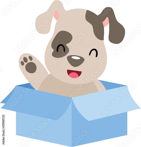 Happy puppy waving inside cardboard box