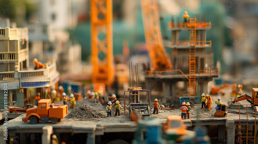 Miniature construction site with workers and excavator.