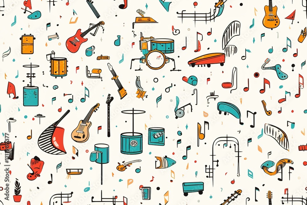 Jazz live music seamless pattern. Repeated musical instruments, comic shapes, drums, piano, trombone and saxophone, Decor textile, wrapping paper, wallpaper. Tidy vector background
