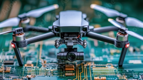 Battery replacement and tools, A sleek drone positioned over a circuit board, showcasing the intersection of technology and engineering innovation.