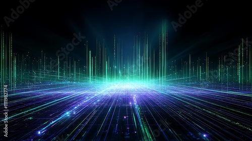 Futuristic Digital Landscape with Neon Light Beams and Data Particles for Technology Background
