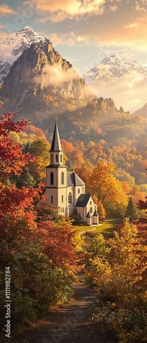 Beautiful autumn foliage surrounding the Roncesvalles chapel, Camino trail, vibrant trees, forest, sacred ground, peaceful setting photo