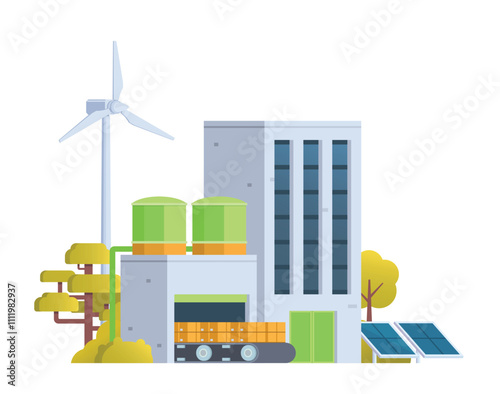 Green sustainable factory building vector illustration, flat style element for city and industry illustration.