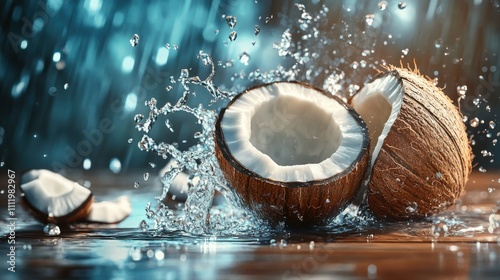 A fresh coconut split in half, with coconut water spilling out, placed on a wooden background, Generative AI