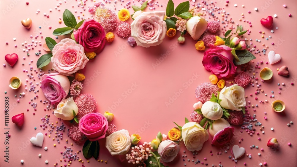Top View of Empty Circle Decorated with Small Roses, Hearts, and Sprinkles on a Pastel Pink Background for Mother's Day Celebration with Ample Copyspace for Personal Messages Top View of Empty Circle Decorated with Small Roses, Hearts, and Sprinkles on a Pastel Pink Background for Mother's Day Celebration with Ample Copyspace for Personal Messages