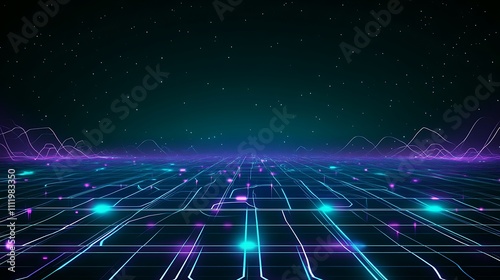 Futuristic Digital Landscape with Neon Lights, Grid Pattern, and Starry Night Sky Background