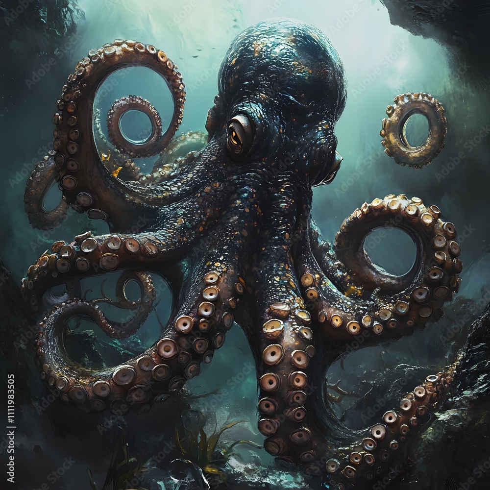 Obraz premium Underwater Scene with Incredible Commotion of an Octopus, Angry octopus wallpaper