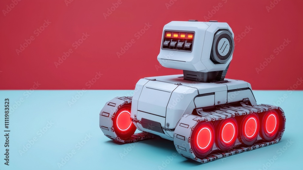 Fototapeta premium Battery replacement and tools, A small, futuristic robot with a boxy design, illuminated wheels, and a friendly interface, positioned on a contrasting background.