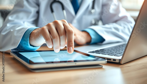 Male doctor finger touching on on digital tablet screen and working laptop computer on table at doctor's office, close up, health technology, healthcare and medicine concept isolated with white high