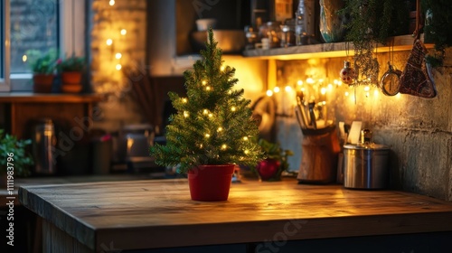 Cozy Kitchen with Christmas Tree and Warm Lights