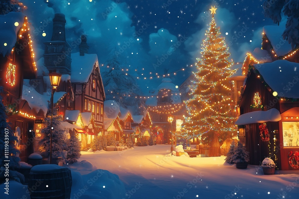 Obraz premium A bustling Christmas market with holiday lights, carousels, and snow-covered streets in the background. Atmosphere of joy and celebration during the winter time. New year background with copy space