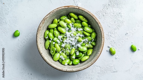 A bowl of edamame beans sprinkled with sea salt, isolated on a white surface, symbolizing a healthy snack, Generative AI