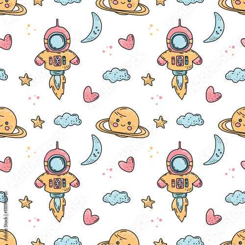 Seamless pattern. starry sky, white background. yellow stars, bizarre astronaut, alien UFO, rocket, moon for children's rooms, textiles.