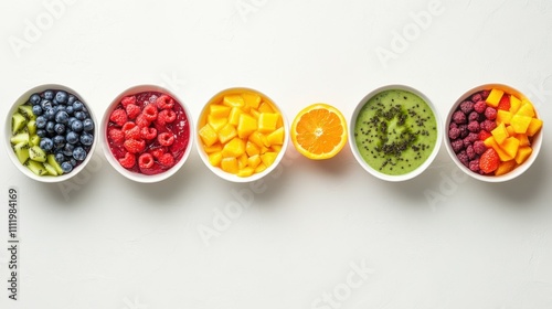 A colorful rainbow of smoothie bowls with various fruit toppings, arranged in a line, symbolizing health diversity, Generative AI