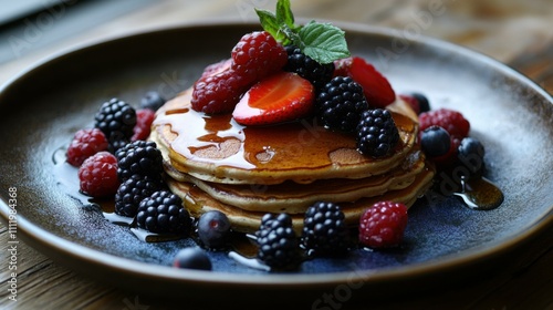 A plate of whole grain pancakes with fresh berries and honey drizzle, symbolizing a balanced breakfast, Generative AI