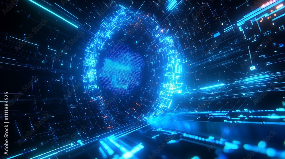 Fototapeta premium Futuristic Digital Portal with Bright Blue Lights and Dynamic Motion Effects in a Technology Inspired Scene