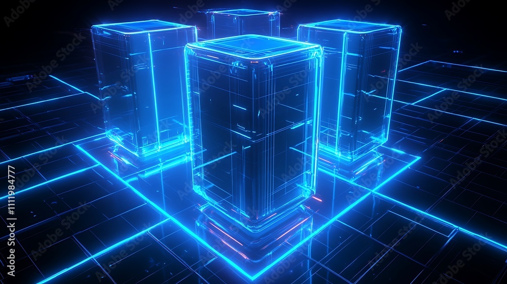 Futuristic Digital Storage Blocks with Neon Blue Lines on a Dark Background for Technology Concepts Futuristic Digital Storage Blocks with Neon Blue Lines on a Dark Background for Technology Concepts