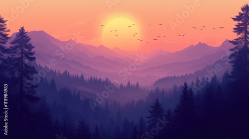 Sunset Over Foggy Mountains With Silhouetted Trees