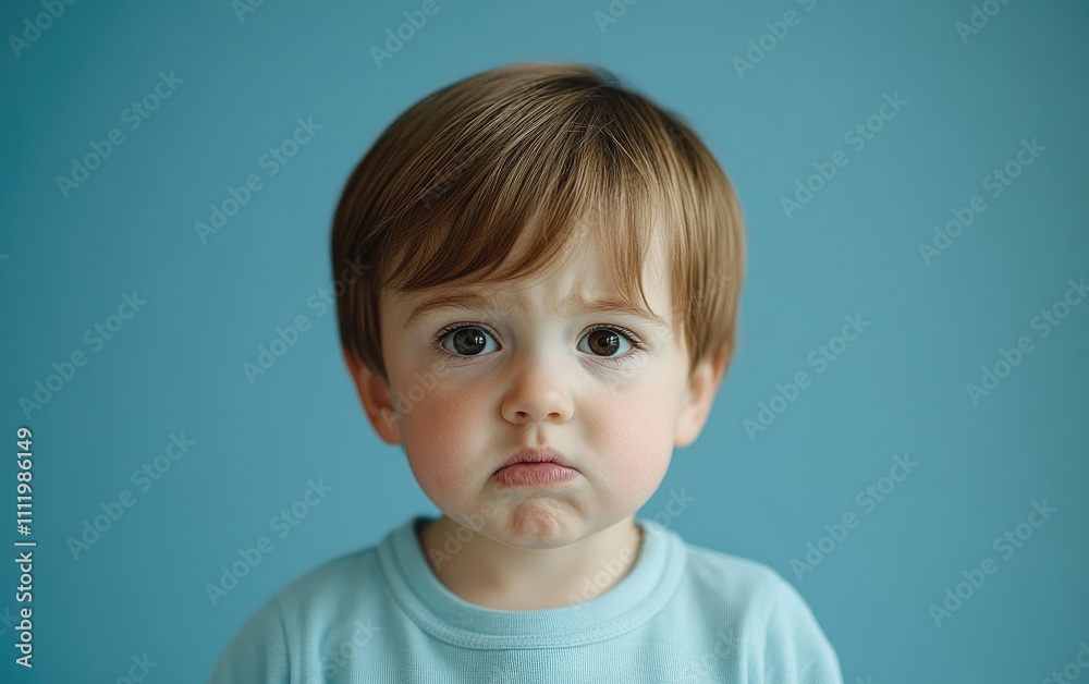 A cute toddler with an angry expression, looking at the camera against a blue background. A cute toddler with an angry expression, looking at the camera against a blue background.